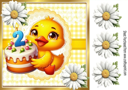 Cute Yellow Birthday Duck (AGED TWO) With Daisies in Yellow Gingham 8x8