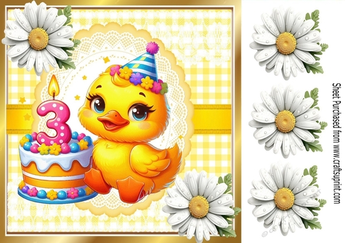 Cute Yellow Birthday Duck (AGED THREE) With Daisies in Yellow Gingham 8x8