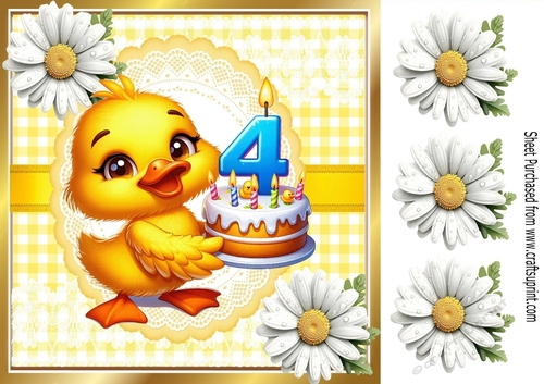 Cute Yellow Birthday Duck (AGED FOUR) With Daisies in Yellow Gingham 8x8