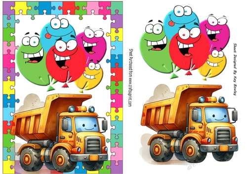 Lovely A5 Toony Balloons Card With Jigsaw Frame Yellow Truck (TWO)