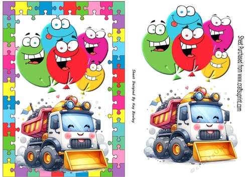 Lovely A5 Toony Balloons Card With Jigsaw Frame Yellow Truck (THREE)