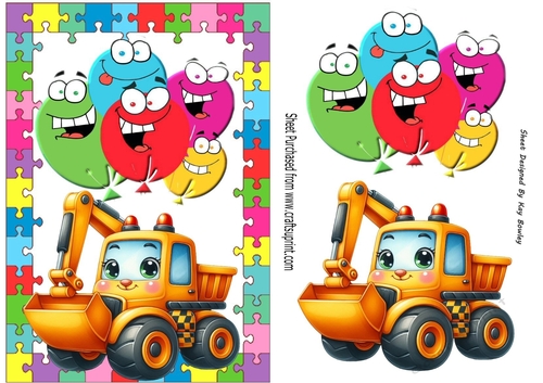 Lovely A5 Toony Balloons Card With Jigsaw Frame Yellow Truck (FOUR)