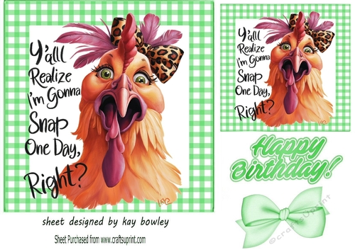 Green Gingham 7X7 Card With Funny Chicken Having Words
