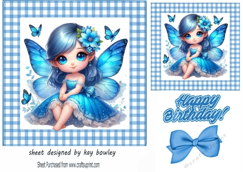 Pretty Butterfly Blue Fairy In Blue Gingham 7X7 Frame (ONE)