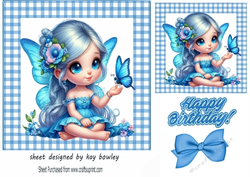 Pretty Butterfly Blue Fairy In Blue Gingham 7X7 Frame (TWO)
