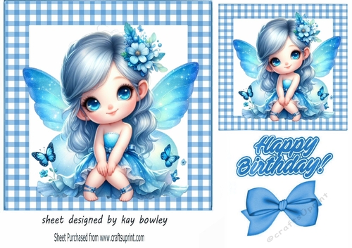 Pretty Butterfly Blue Fairy In Blue Gingham 7X7 Frame (THREE)