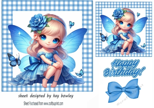 Pretty Butterfly Blue Fairy In Blue Gingham 7X7 Frame (FOUR)