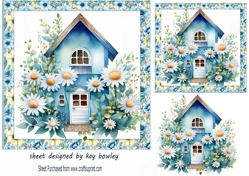 Pretty Blue Cottage With Daisies In Floral 7x7 Frame (ONE)