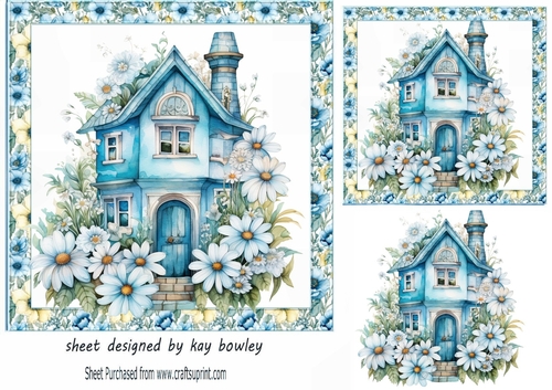 Pretty Blue Cottage With Daisies In Floral 7x7 Frame (THREE)