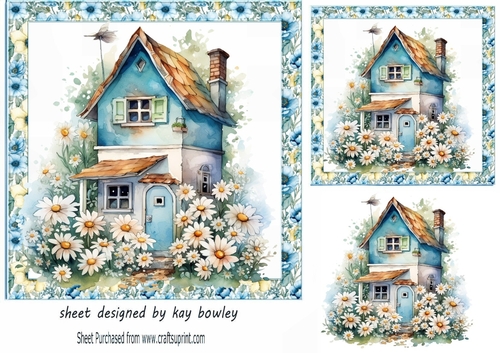 Pretty Blue Cottage With Daisies In Floral 7x7 Frame (FOUR)