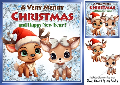 Cute Deers In Santa Hat & Bow in 8X8 Snowflake Christmas Frame
