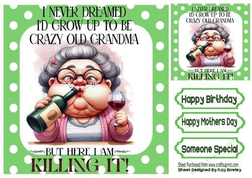 CRAZY GRANDMA Woman With Caption In Green Polkadot 8X8 Frame