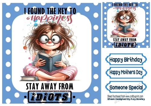 KEY TO HAPPINESS Woman With Caption In Blue Polkadot 8X8 Frame