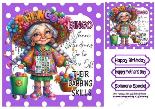 BINGO GRANDMA Woman With Caption In Purple Polkadot 8X8 Frame