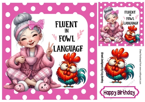 FOWL CHICKEN Woman With Caption In Pink Polkadot 7x7Frame
