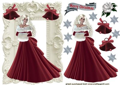 Elegant Lady in Red Velvet Dress in Ornate Frame