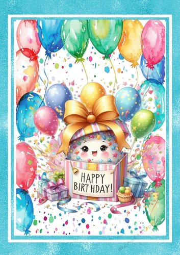 Funny Face With Gifts In Balloon Blue Frame A4 (TWO)