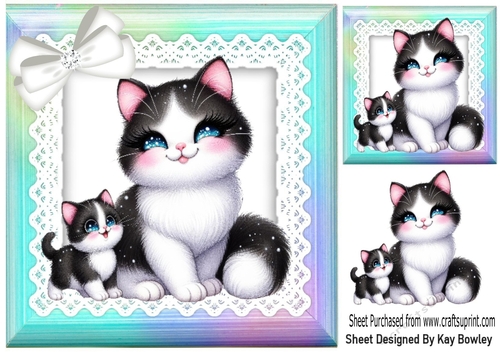 Lovely Mum & Kitten With Bow Rainbow Frame 8x8 (TWO)