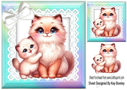 Lovely Mum & Kitten With Bow Rainbow Frame 8x8 (THREE)