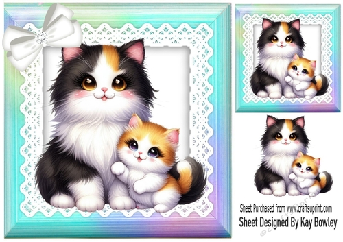 Lovely Mum & Kitten With Bow Rainbow Frame 8x8 (FOUR)
