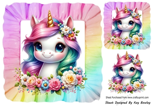 Pretty Rainbow Unicorn In 8X8 Rainbow Frill Frame (FOUR)