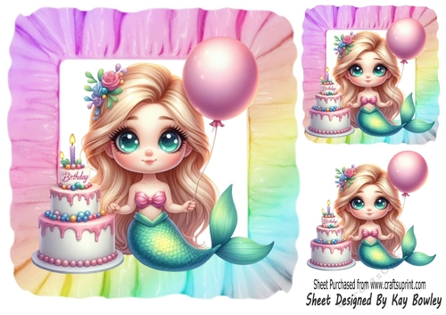 Pretty Rainbow Mermaid In 8X8 Rainbow Frill Frame (THREE)