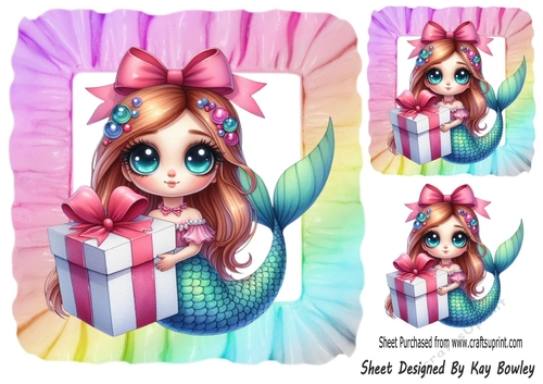 Pretty Rainbow Mermaid In 8X8 Rainbow Frill Frame (FOUR)