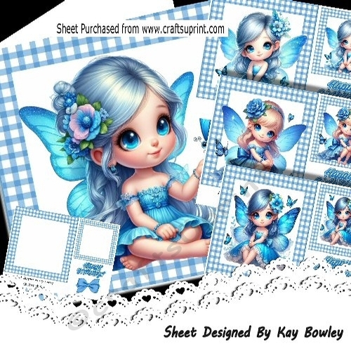 4 Pretty Blue Fairies With Flowers, Blue Gingham 7x7 Cards Mini Kit