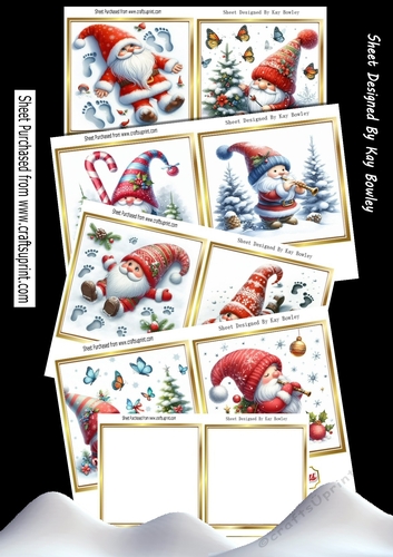 8 Lovely Santa Gnomes Card Fronts In Gold Frames Bumper Kit