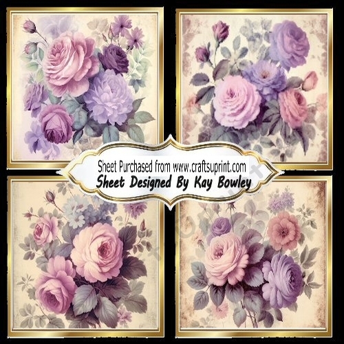 4 Lovely Vintage Journal Papers Pink/Purple Roses Toppers 8x8 Mini Kit