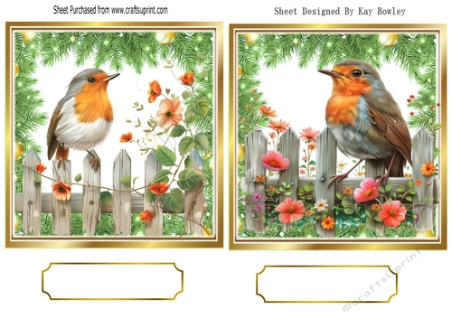 Two Lovely Robins On Fences, Toppers With Ferns & Flowers (ONE) 