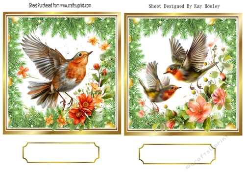 Two Lovely Robins In Flight Toppers With Ferns & Flowers (FOUR)