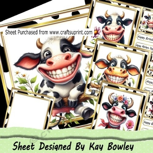 4 Lovely Happy Smile Cows 8x8 Card Fronts Mini Kit