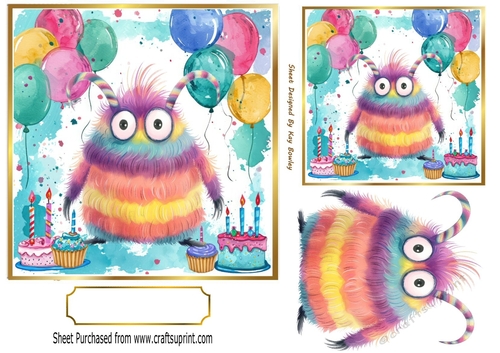 Birthday Balloons 7x7 With Cute Monster (FOUR)
