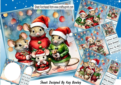 4 Cute Christmas Mice Family 8x8 Card Fronts Mini Kit