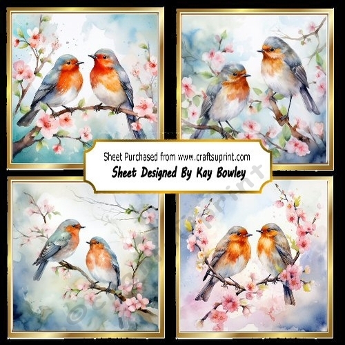 4 Lovely Winter Robins With Pink Flowers 7x7 Cards Mini Kit