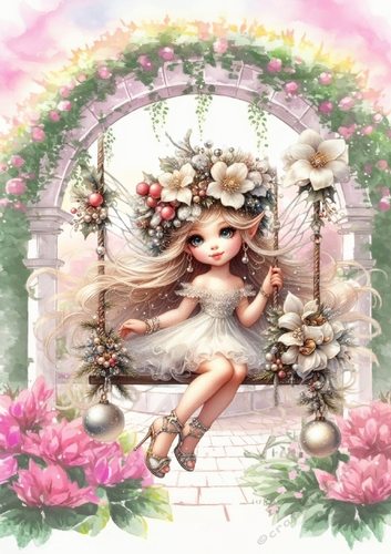 Pretty Flower Fairy In Garden On A Swing A4 (ONE)