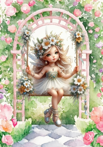 Pretty Flower Fairy In Garden On A Swing A4 (FOUR)
