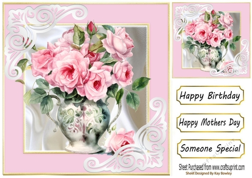 Pretty Pink Roses In Vase With Satin & Ornate Corners 8x8 (ONE)
