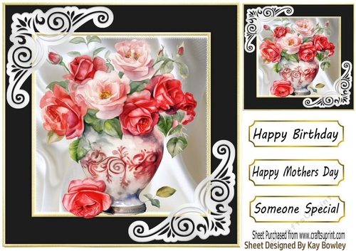 Pretty Red Roses In Vase With Satin & Ornate Corners Black 8x8 (TWO)