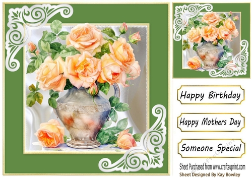 Pretty Peach Roses In Vase With Satin & Ornate Corners Green 8x8 (THREE)