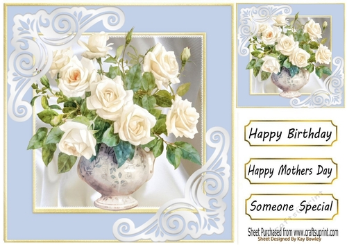 Pretty Cream Roses In Vase With Satin & Ornate Corners Blue 8x8 (FOUR)