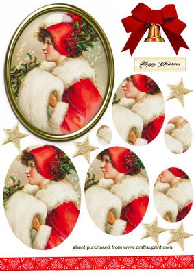 Christmas Scene of a Vintage Lady in Fur Coat,oval Pyramids