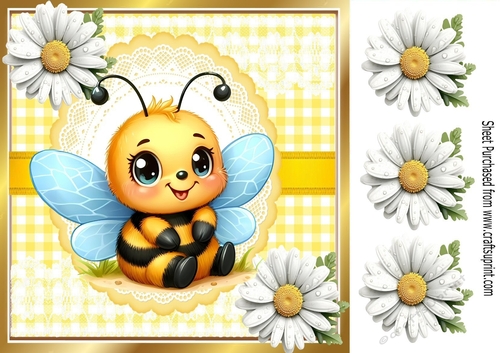 White Daisies With Yellow Gingham Bumble Bee 8x8 (THREE)