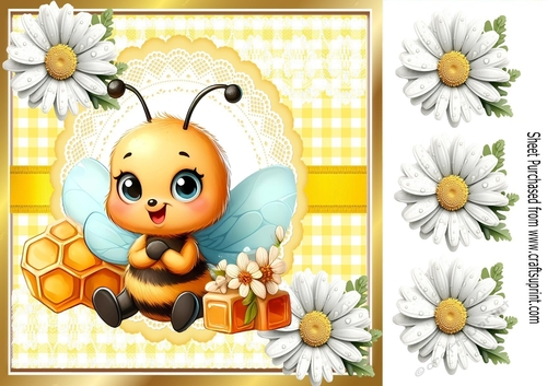 White Daisies With Yellow Gingham Bumble Bee 8x8 (FOUR)