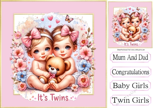 Sweet Baby Girls Twins In 8X8 Pink/Gold Frames