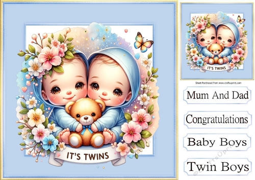 Sweet Baby Boys Twins In 8X8 Blue/Gold Frames