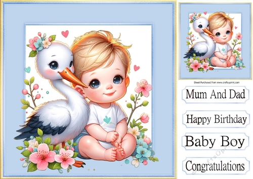 Sweet Baby Boy With Stork In 8X8 Blue/Gold Frames