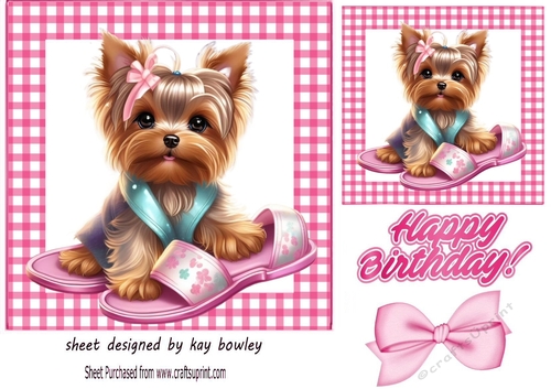 Cute Little Yorkshire Terrier In Pink Gingham 7x7 Frame (ONE)