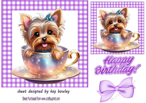 Cute Little Yorkie In A Teacup  In A Purple  Gingham 7x7 Frame (FOUR)